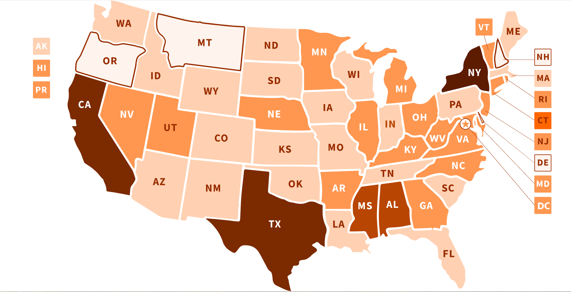 Map of United States showing what states include in their economic nexus thresholds